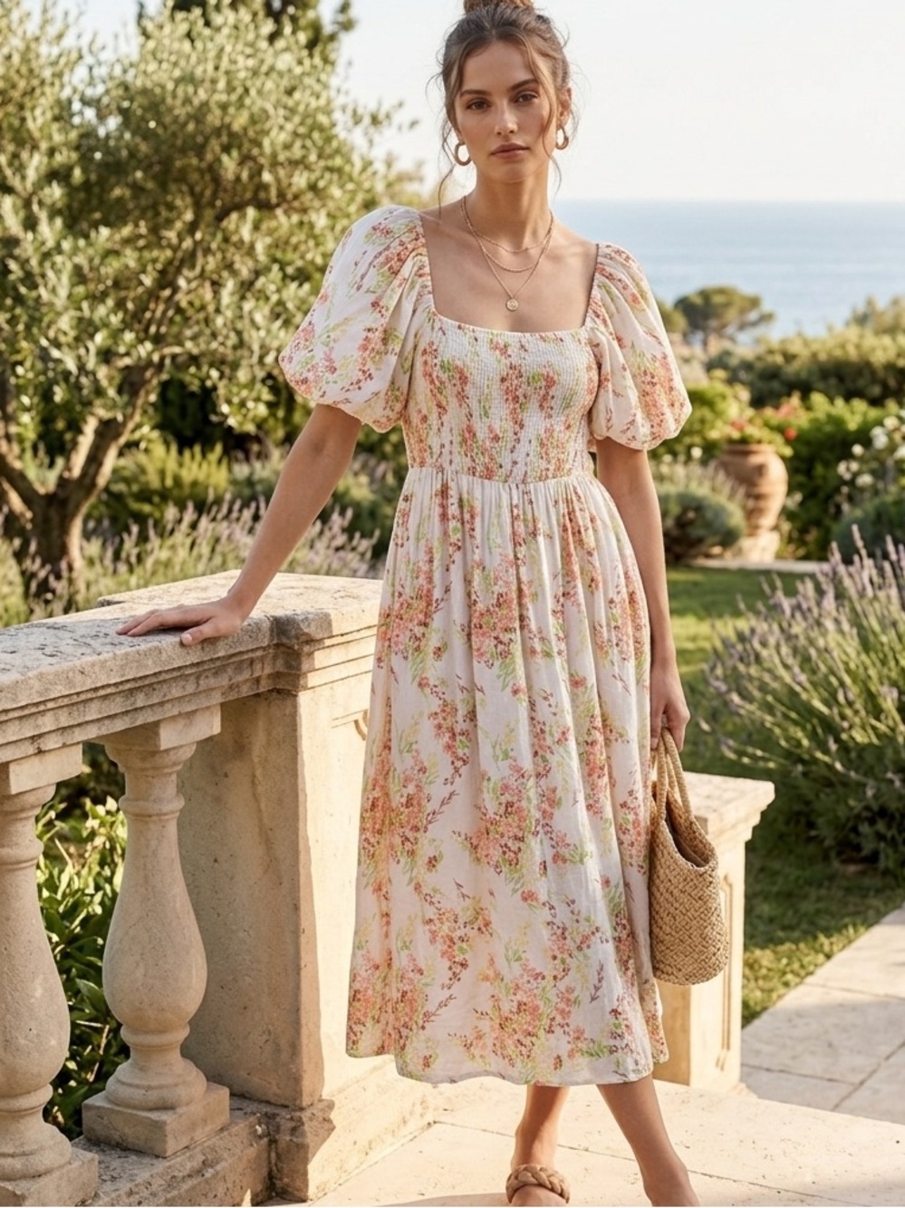 Forever 21 Floral Peasant, Milkmaid, Cottagecore Dress, Smocked, Puff Sleeve, M